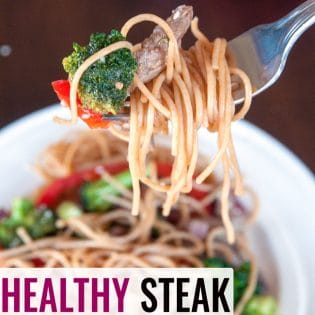 Healthy Steak Stir Fry - this man approved 21 day fix recipe has steak strips, broccoli, red pepper, red onions all tossed together stir fry style and served over ancient grain noodles. It's a fast and easy recipe that's good for you. | thebewitchinkitchen.com