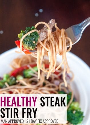 Healthy Steak Stir Fry - this man approved 21 day fix recipe has steak strips, broccoli, red pepper, red onions all tossed together stir fry style and served over ancient grain noodles. It's a fast and easy recipe that's good for you. | thebewitchinkitchen.com