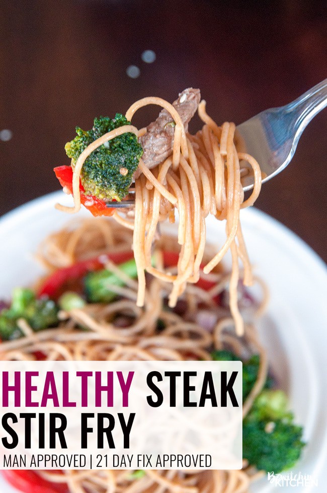 Healthy Steak Stir Fry - this man approved 21 day fix recipe has steak strips, broccoli, red pepper, red onions all tossed together stir fry style and served over ancient grain noodles. It's a fast and easy recipe that's good for you. | thebewitchinkitchen.com