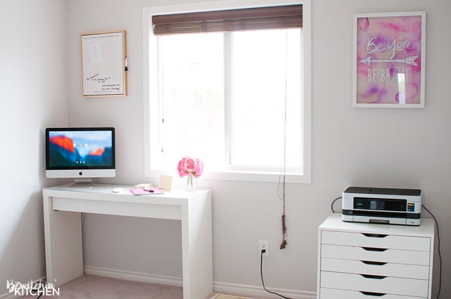 Pink and gold home office makeover reveal. Paint color used is CIL Barley Beige, it's a beautiful greige color. It's so bright and clean!