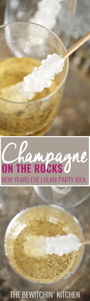 This champagne on the rocks idea is an elegant way to glam up your party (or Friday night). Perfect New Years Eve Party Idea. It's so easy too: sparkling wine and rock candy! An easy and low cost way to add class to your party.