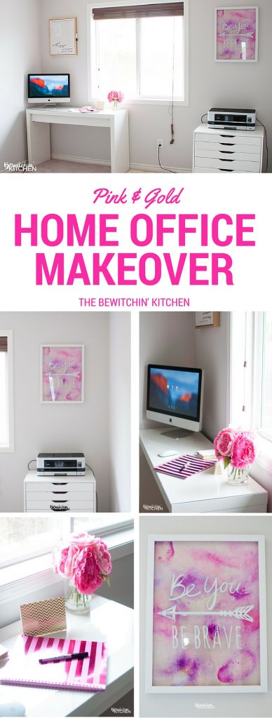 Pink and gold home office makeover reveal. Paint color used is CIL Barley Beige, it's a beautiful greige color. It's so bright and clean!