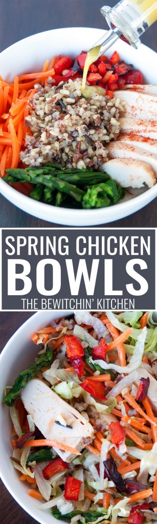 Spring Chicken Bowls with Honey Dijon Dressing - this healthy recipe makes the perfect lunch, snack or dinner. Loaded with roasted red pepper, grilled chicken breast, matchstick carrots, steamed asparagus, quinoa blend and topped with a healthy dressing. This recipe is 21 Day Fix approved. #chickendotca | thebewitchinkitchen.com