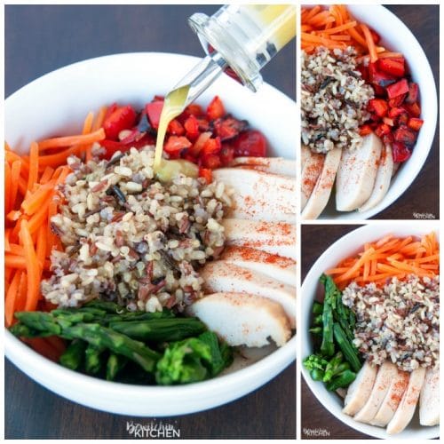 Spring Chicken Bowls with Honey Dijon Dressing - this healthy recipe makes the perfect lunch, snack or dinner. Loaded with roasted red pepper, grilled chicken breast, matchstick carrots, steamed asparagus, quinoa blend and topped with a healthy dressing. This recipe is 21 Day Fix approved. #chickendotca | thebewitchinkitchen.com