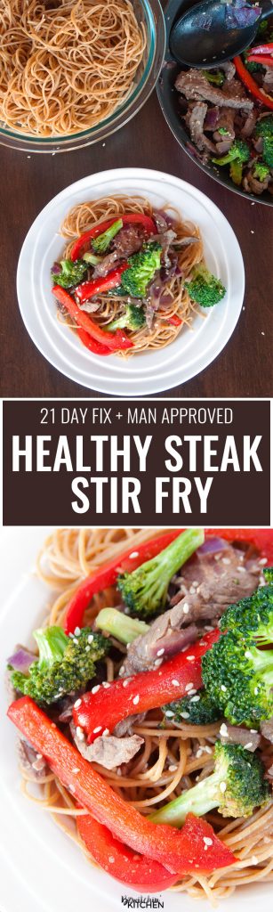 Healthy Steak Stir Fry - this man approved 21 day fix recipe has steak strips, broccoli, red pepper, red onions all tossed together stir fry style and served over ancient grain noodles. It's a fast and easy recipe that's good for you. | thebewitchinkitchen.com