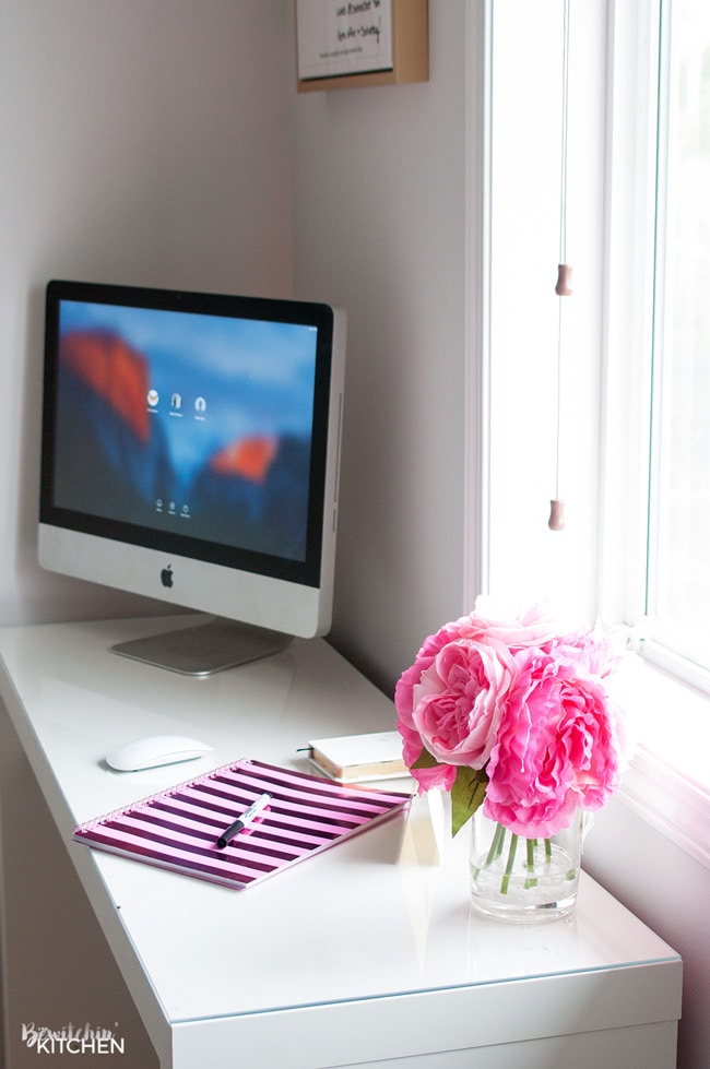 Pink and gold home office makeover reveal. Paint color used is CIL Barley Beige, it's a beautiful greige color. It's so bright and clean!