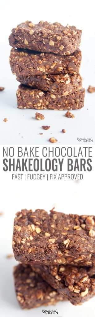 No bake chocolate Shakeology bars. A no bake dessert that makes for a healthy snack with steel cut oats, brown rice syrup, nut butter and fudgy superfoods! Plus they're totally 21 Day Fix approved (and all beachbody container system approved).