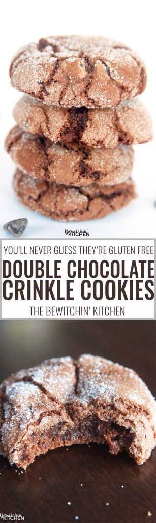 You'll never believe these Chocolate Crinkle Cookies are gluten free! Gluten Free Double Chocolate Cookies - yum! Dark chocolate, butter, chocolate chips, vanilla all make this chocolate cookie recipe to die for!