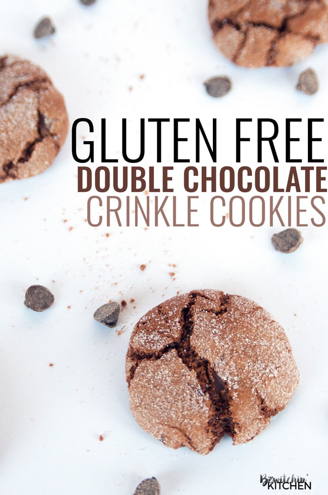 You'll never believe these Chocolate Crinkle Cookies are gluten free! Gluten Free Double Chocolate Cookies - yum! Dark chocolate, butter, chocolate chips, vanilla all make this chocolate cookie recipe to die for!