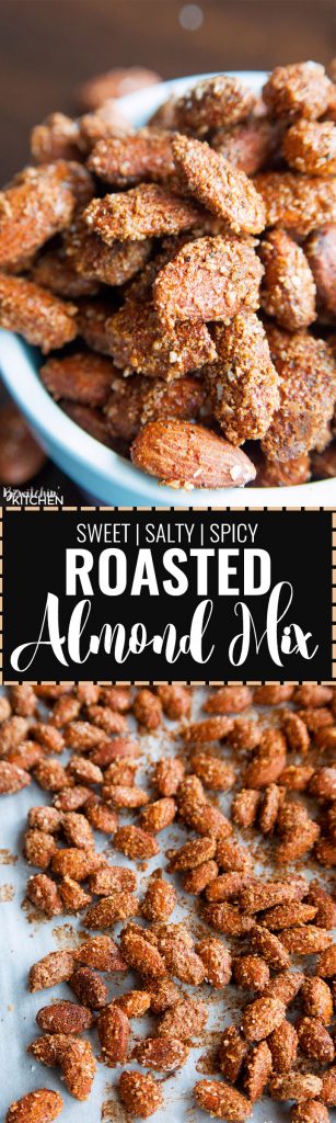 Savory Almond Mix. These oven roasted are the perfect blend of sweet, salty and spicy. I can't stop eating them! Spiced nuts are a favorite snack of mine.