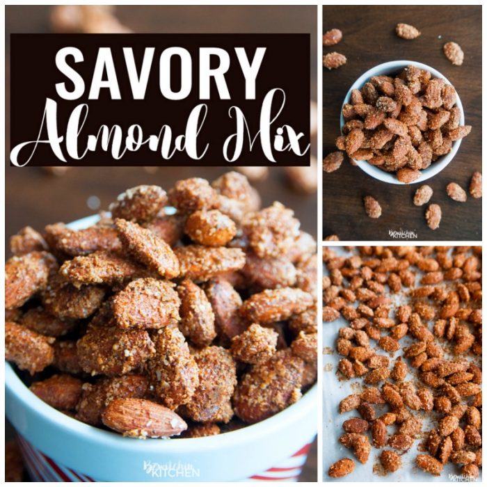 Savory Almond Mix. These oven roasted are the perfect blend of sweet, salty and spicy. I can't stop eating them! Spiced nuts are a favorite snack of mine.