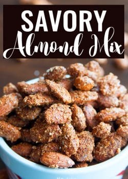 Savory Almond Mix. These oven roasted are the perfect blend of sweet, salty and spicy. I can't stop eating them! Spiced nuts are a favorite snack of mine.