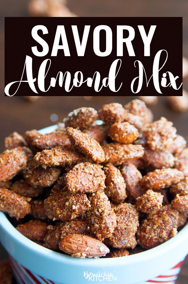 Savory Almond Mix. These oven roasted are the perfect blend of sweet, salty and spicy. I can't stop eating them! Spiced nuts are a favorite snack of mine.