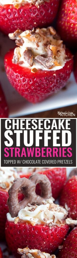 Cheesecake Stuffed Strawberries. This easy, no bake dessert recipe is a party favorite. Cream cheese, sugar and vanilla, topped with crunchy milk chocolate covered pretzels makes this bite sized treat sweet, salty and crunchy. Add this to your popular desserts board.