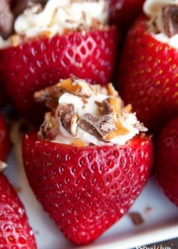 Rum Cheesecake Stuffed Strawberries. This easy, no bake dessert recipe is a party favorite. Cream cheese, sugar and rum extract, topped with crunchy milk chocolate covered pretzels makes this bite sized treat sweet, salty and crunchy. Add this to your popular desserts board.