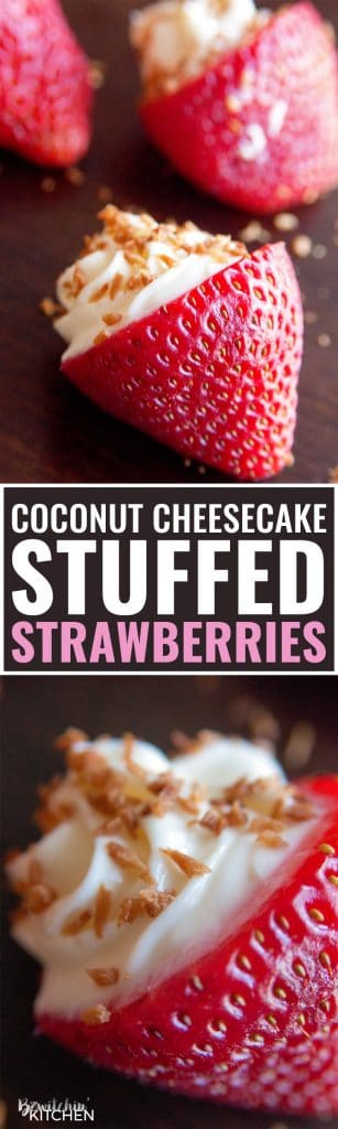 OMG Coconut Cheesecake Stuffed Strawberries! This dessert recipe is amazing! It's fast, easy and I love the crunch to the toasted coconut. Must make these for upcoming bridal showers and baby showers. Delicious party dessert idea!