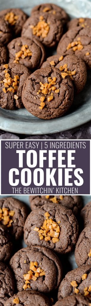 Toffee Cookies - this easy cookie recipe uses chocolate cake mix and a total of 5 ingredients. A fast dessert that the will sell out bake sales in no time!