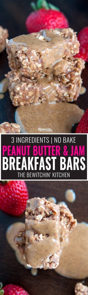 No Bake Peanut Butter Jam Bars - these 3 ingredient PB&J breakfast bars are a great way to start the morning or a yummy snack idea for school. It's a fun twist on peanut butter and jelly with the addition of high fiber oats.