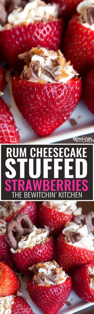 Rum Cheesecake Stuffed Strawberries. This easy, no bake dessert recipe is a party favorite. Cream cheese, sugar and rum extract, topped with crunchy milk chocolate covered pretzels makes this bite sized treat sweet, salty and crunchy. Add this to your popular desserts board.