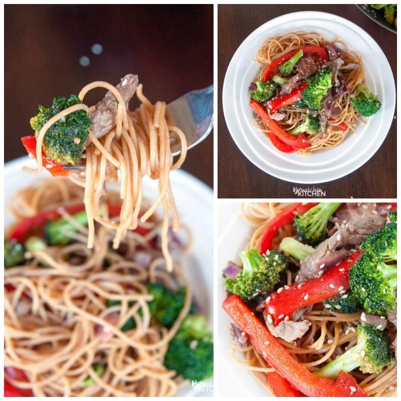 Healthy Steak Stir Fry - this man approved 21 day fix recipe has steak strips, broccoli, red pepper, red onions all tossed together stir fry style and served over ancient grain noodles. It's a fast and easy recipe that's good for you. | thebewitchinkitchen.com