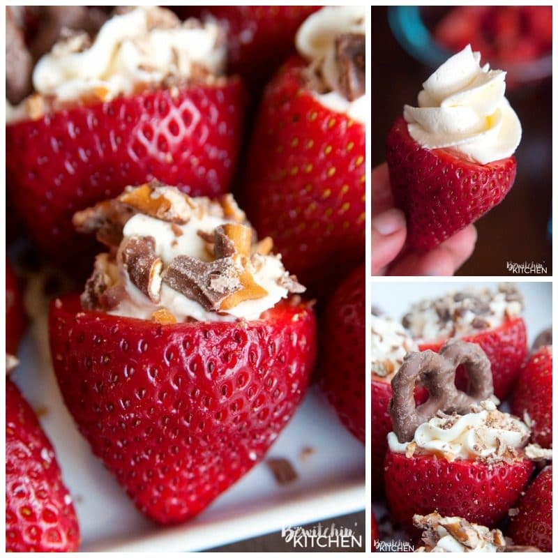Cheesecake Stuffed Strawberries. This easy, no bake dessert recipe is a party favorite. Cream cheese, sugar and vanilla, topped with crunchy milk chocolate covered pretzels makes this bite sized treat sweet, salty and crunchy. Add this to your popular desserts board.