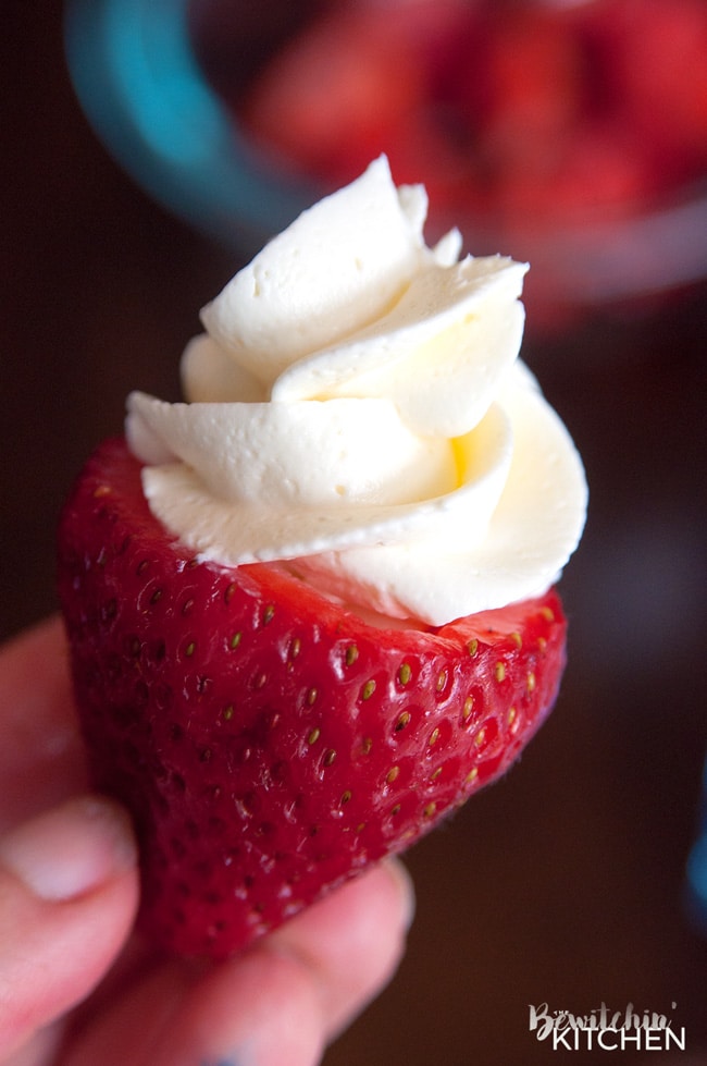 Cheesecake Stuffed Strawberries. This easy, no bake dessert recipe is a party favorite. Cream cheese, sugar and vanilla, topped with crunchy milk chocolate covered pretzels makes this bite sized treat sweet, salty and crunchy. Add this to your popular desserts board.