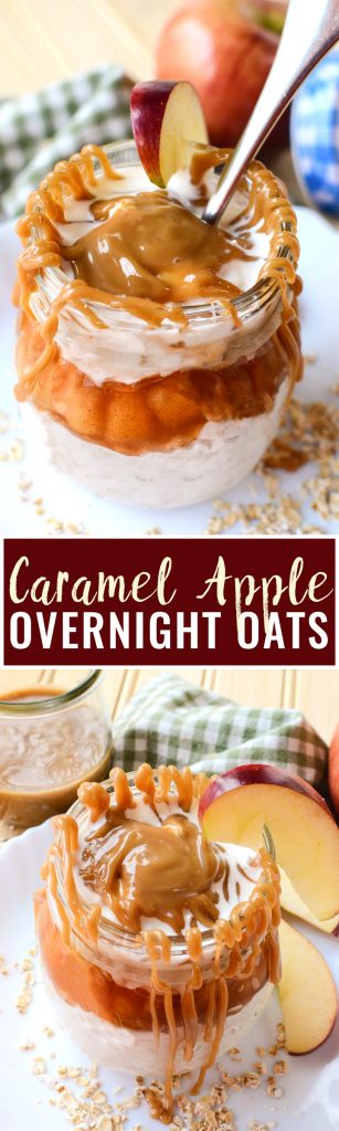 Caramel Apple Overnight Oats - this easy breakfast recipe brings my favorite flavor of apple pie to the no bake + no effort easy of overnight oats. Fall dessert recipes are a favorite of mine, especially when I can have it all day long.