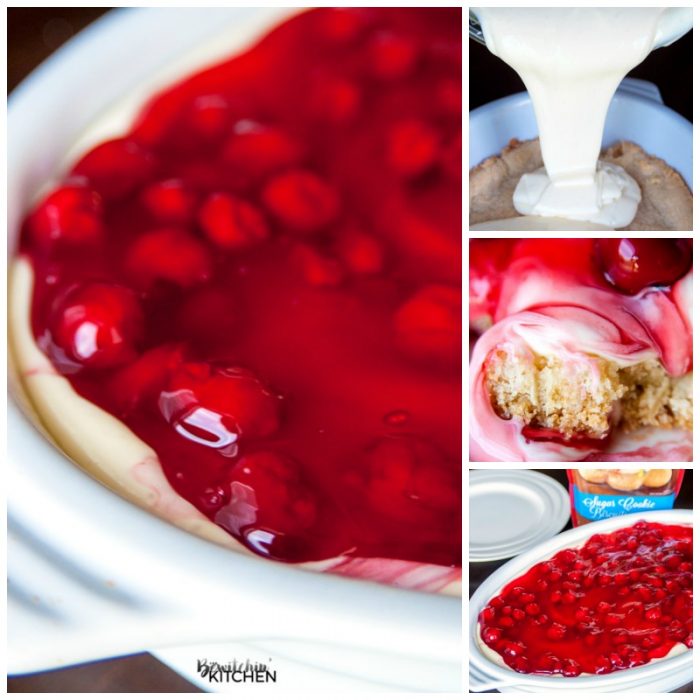 This easy cherry cheesecake recipe is the perfect summer dessert. Using a sugar cookie crust, a no bake cheesecake recipe and cherry pie filling it's a delicious dessert for summer bbqs without the work! | thebewitchinkitchen.com