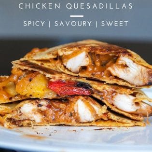 Saucy Peanut Chicken Quesadillas. Peanut butter and chicken? Trust me on this one. This spicy chicken quesadilla recipe had a sweet and savoury peanut sauce with a kick, paired with chicken breast, peppers, cheese, and a tortilla and you're in the money!