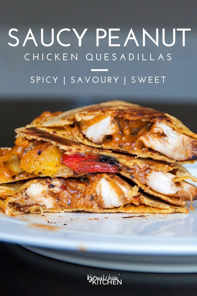 Saucy Peanut Chicken Quesadillas. Peanut butter and chicken? Trust me on this one. This spicy chicken quesadilla recipe had a sweet and savoury peanut sauce with a kick, paired with chicken breast, peppers, cheese, and a tortilla and you're in the money!
