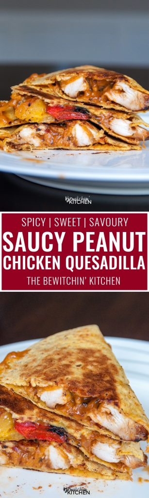Saucy Peanut Chicken Quesadillas. Peanut butter and chicken? Trust me on this one. This spicy chicken quesadilla recipe had a sweet and savoury peanut sauce with a kick, paired with chicken breast, peppers, cheese, and a tortilla and you're in the money!