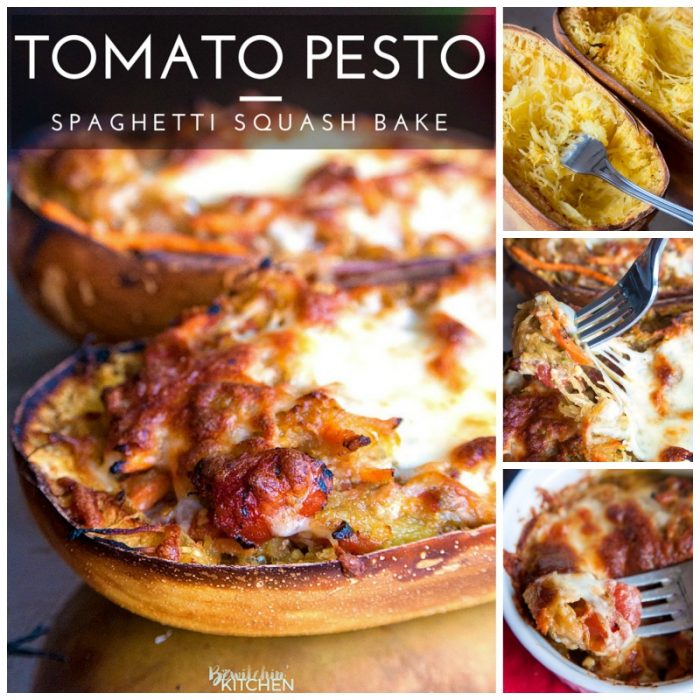 Tomato Pesto Spaghetti Squash Bake - this 21 Day Fix recipe is a gluten free and low carb dinner favorite. It's packed with fire roasted tomatoes, pesto, mozzarella and parmesan cheese and a few servings of vegetables. 