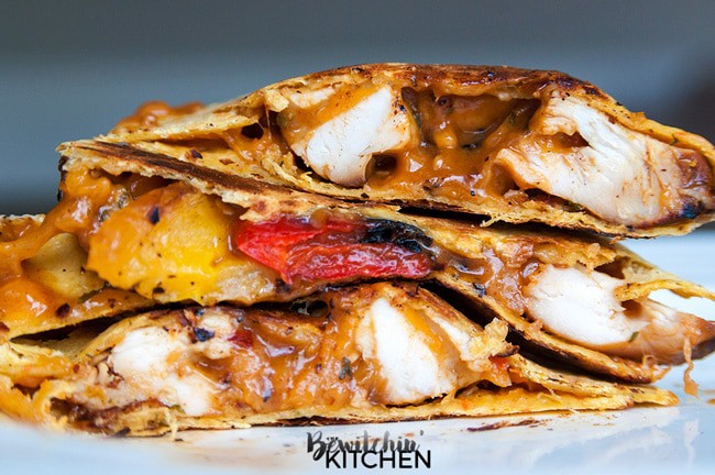 Saucy Peanut Chicken Quesadillas. Peanut butter and chicken? Trust me on this one. This spicy chicken quesadilla recipe had a sweet and savoury peanut sauce with a kick, paired with chicken breast, peppers, cheese, and a tortilla and you're in the money!