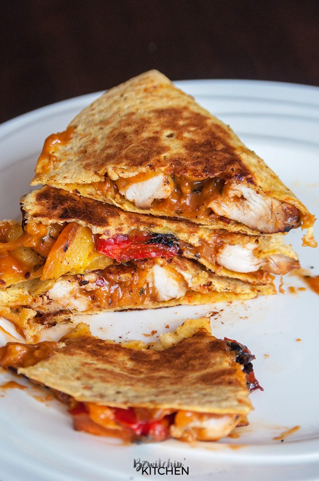 Saucy Peanut Chicken Quesadillas. Peanut butter and chicken? Trust me on this one. This spicy chicken quesadilla recipe had a sweet and savoury peanut sauce with a kick, paired with chicken breast, peppers, cheese, and a tortilla and you're in the money!