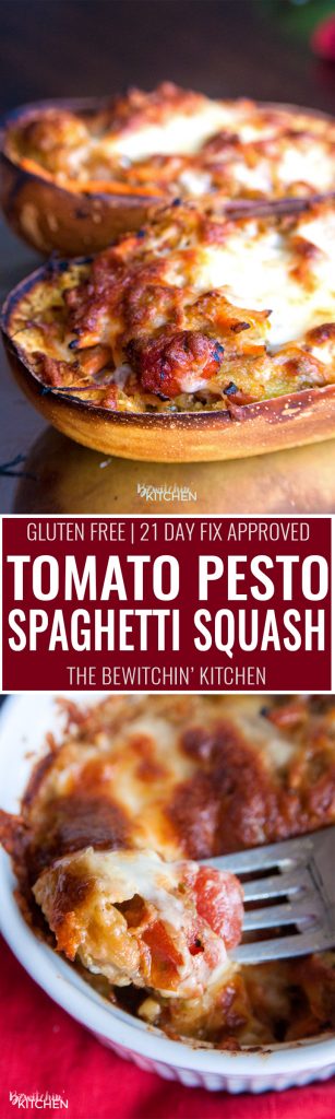 Tomato Pesto Spaghetti Squash Bake - this 21 Day Fix recipe is a gluten free and low carb dinner favorite. It's packed with fire roasted tomatoes, pesto, mozzarella and parmesan cheese and a few servings of vegetables. 