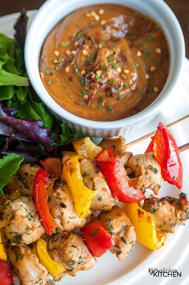 Kickin' Chicken Kebabs with Spicy Peanut Sauce. If you're looking for a spicy chicken kebab recipe that hits you with flavor and not heat then you need to try this new dinner favorite. It uses Valentina Mexican hot sauce so it's not overly spicy. Add yellow and red peppers to the skewer to get your veggies in!