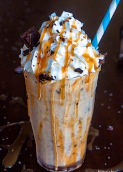 Dairy Free Chocolate Salted Caramel Milkshake. This dairy free milkshake uses cashew milk ice cream and coconut milk. Top with coconut whipped cream, caramel sauce and shaved dark chocolate. Super yummy dessert drink!