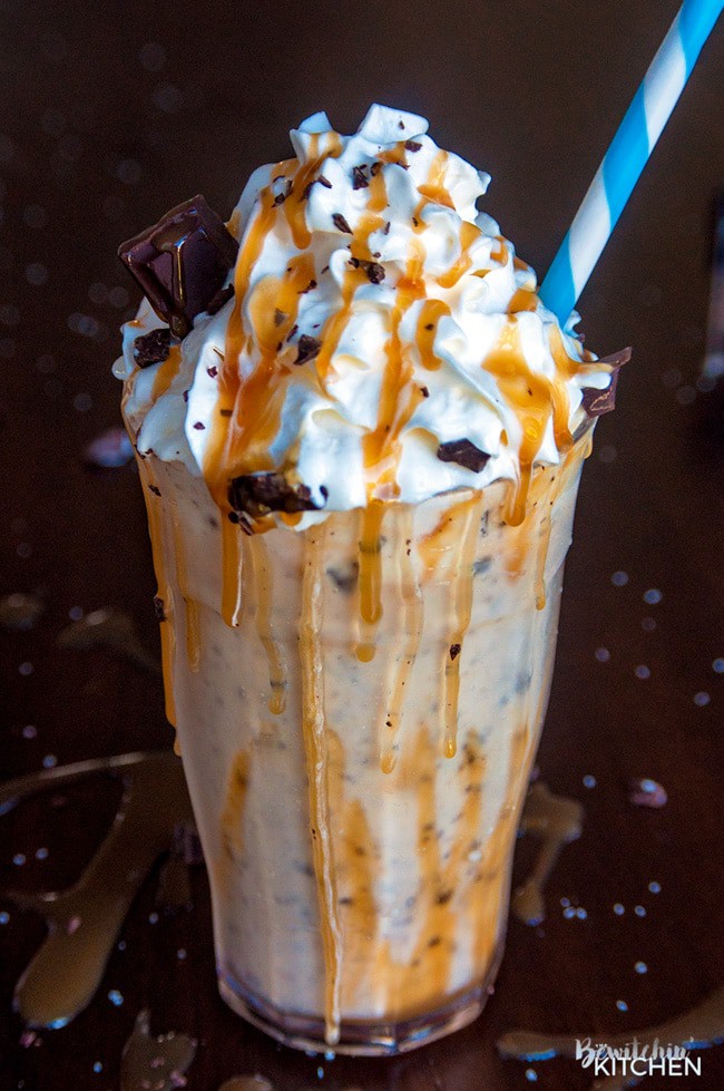 Dairy Free Salted Caramel Milkshake. This dairy free milkshake uses cashew milk ice cream and coconut milk. Top with coconut whipped cream, caramel sauce and shaved dark chocolate. Super yummy dessert drink!