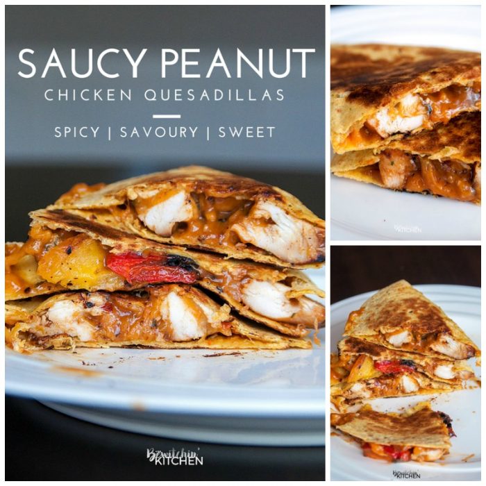 Saucy Peanut Chicken Quesadillas. Peanut butter and chicken? Trust me on this one. This spicy chicken quesadilla recipe had a sweet and savoury peanut sauce with a kick, paired with chicken breast, peppers, cheese, and a tortilla and you're in the money!