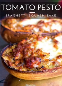 Tomato Pesto Spaghetti Squash Bake - this 21 Day Fix recipe is a gluten free and low carb dinner favorite. It's packed with fire roasted tomatoes, pesto, mozzarella and parmesan cheese and a few servings of vegetables.