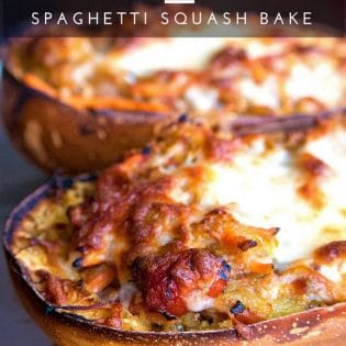 Tomato Pesto Spaghetti Squash Bake - this 21 Day Fix recipe is a gluten free and low carb dinner favorite. It's packed with fire roasted tomatoes, pesto, mozzarella and parmesan cheese and a few servings of vegetables.