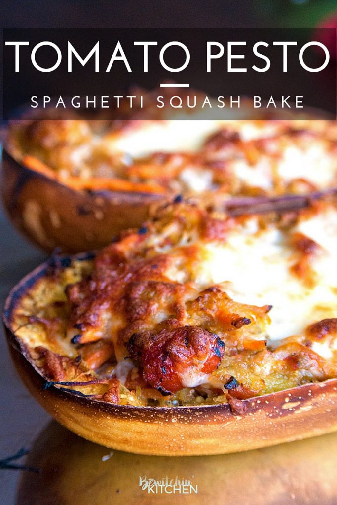 Tomato Pesto Spaghetti Squash Bake - this 21 Day Fix recipe is a gluten free and low carb dinner favorite. It's packed with fire roasted tomatoes, pesto, mozzarella and parmesan cheese and a few servings of vegetables. 