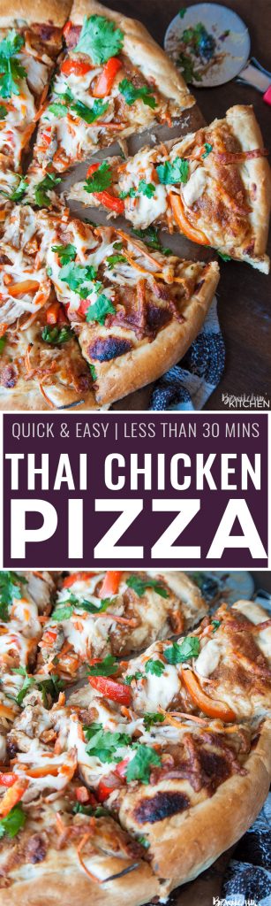 Thai Chicken Pizza - quick and easy recipe that's perfect for busy weeknights. Ready in under 30 minutes. Peanut thai sauce, chicken, carrots, cilantro and red pepper with THE BEST pizza crust recipe as a base.