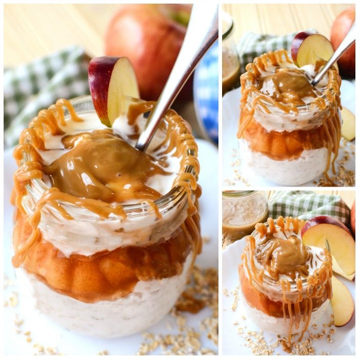 Caramel Apple Overnight Oats - this easy breakfast recipe brings my favorite flavor of apple pie to the no bake + no effort easy of overnight oats. Fall dessert recipes are a favorite of mine, especially when I can have it all day long.