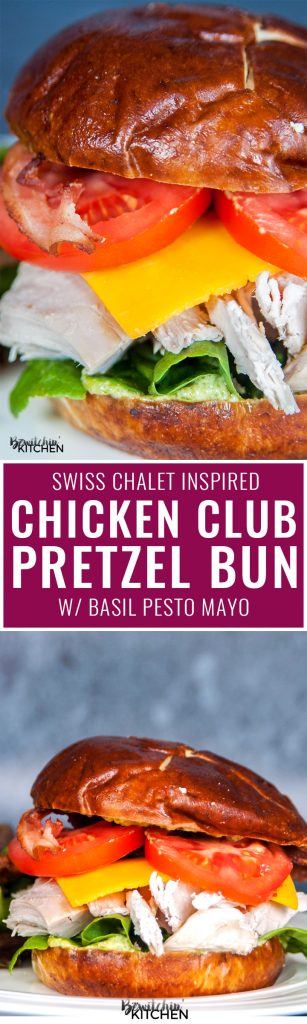 Chicken Club Pretzel Bun Sandwich - This sandwich recipe was inspired by Swiss Chalet's Chicken Club Kaiser. This is perfect for lunch, dinner or a snack and I LOVE the pesto mayo. It's an easy recipe to make if you have some pre-cooked chicken ready to go, perfect for leftovers with a twist. 