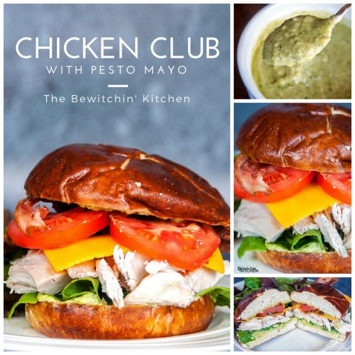 Chicken Club Pretzel Bun Sandwich - This sandwich recipe was inspired by Swiss Chalet's Chicken Club Kaiser. This is perfect for lunch, dinner or a snack and I LOVE the pesto mayo. It's an easy recipe to make if you have some pre-cooked chicken ready to go, perfect for leftovers with a twist. 