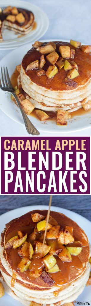 Caramel Apple Blender Pancakes - this is such an easy pancake recipe. This breakfast favorite uses Bisquick, apple sauce, honey greek yogurt, apples, butter and caramel. It's a delicious fall breakfast that can double as a late night dessert. #cookupincredible