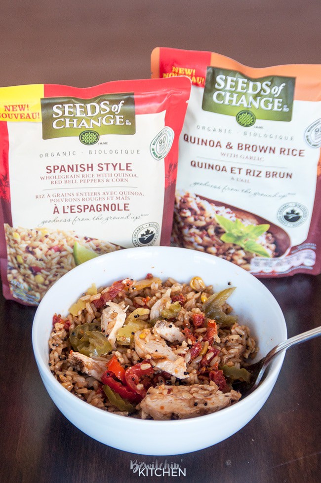 Quick and easy spanish rice bowls using grilled chicken, banana peppers, sundried tomatoes and Seeds of Change Spanish Rice.
