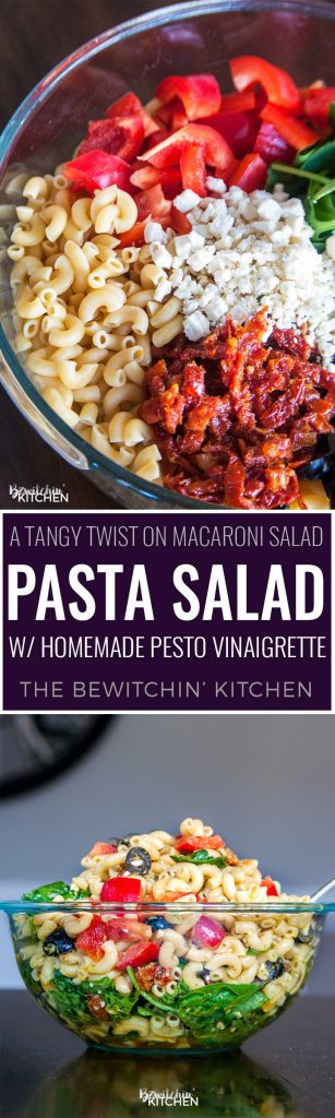 Pesto Pasta Salad - this tangy twist on a macaroni salad is my new favorite summer salad recipe. Sundried tomatoes, smart veggie pasta, spinach, feta cheese, red pepper, and olives tossed in a homemade honey pesto vinaigrette. Also makes a delicious and nutritious addition to a school lunch.