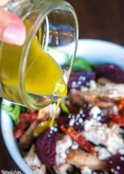 Pesto Vinaigrette - a delicious, tangy yet sweet salad dressing. This 21 day fix approved vinaigrette is a favorite homemade salad vinaigrette recipe.